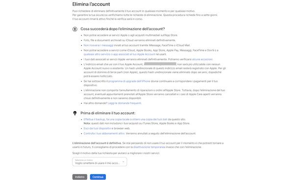 Eliminazione account Apple
