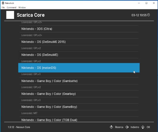 Menu RetroArch su Windows