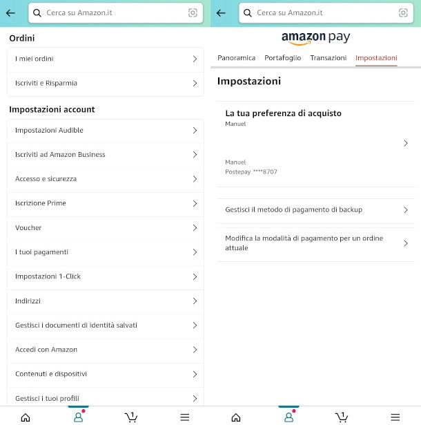 app amazon shopping impostazioni di pagamento