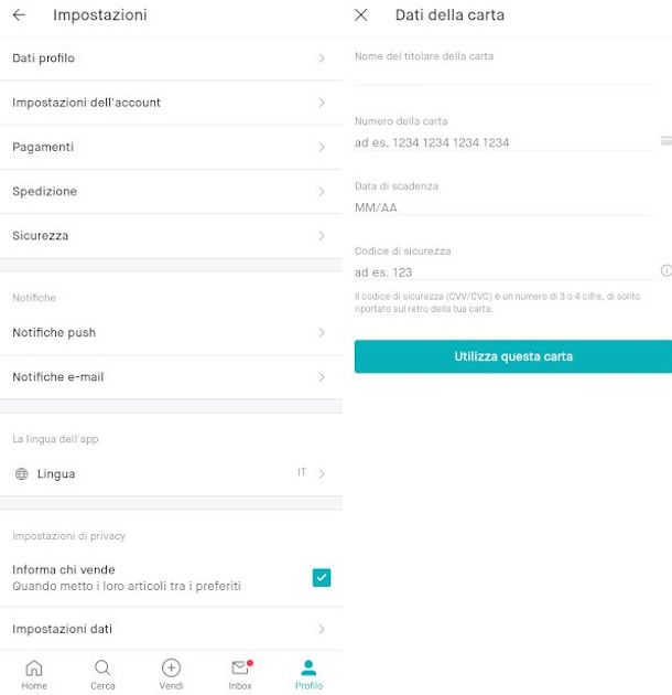 impostazione carta di credito su app Vinted