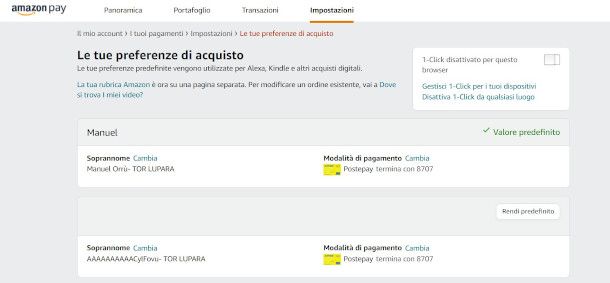 modifica impostazioni di pagamento predefinite Amazon