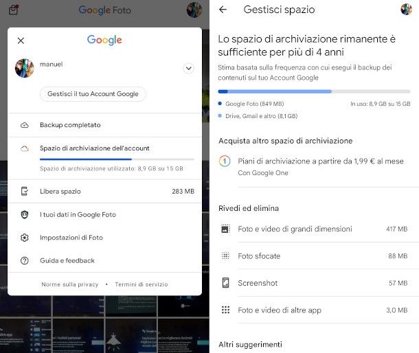 gestione spazio archiviazione google foto mobile