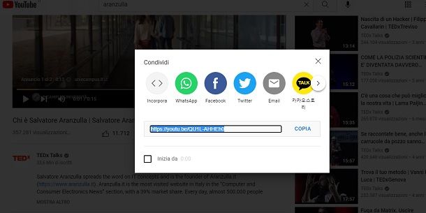 Condividere link tramite YouTube