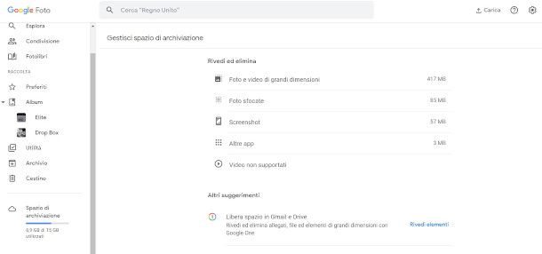gestione spazio di archiviazione google foto da PC