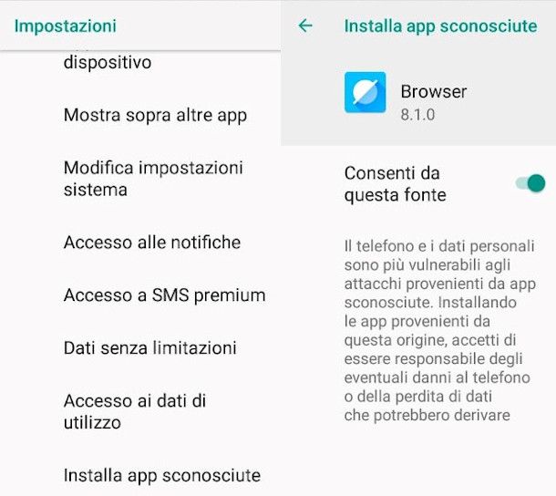 impostazione download da sorgenti sconosciute