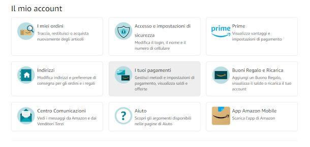 menu pagamenti Amazon