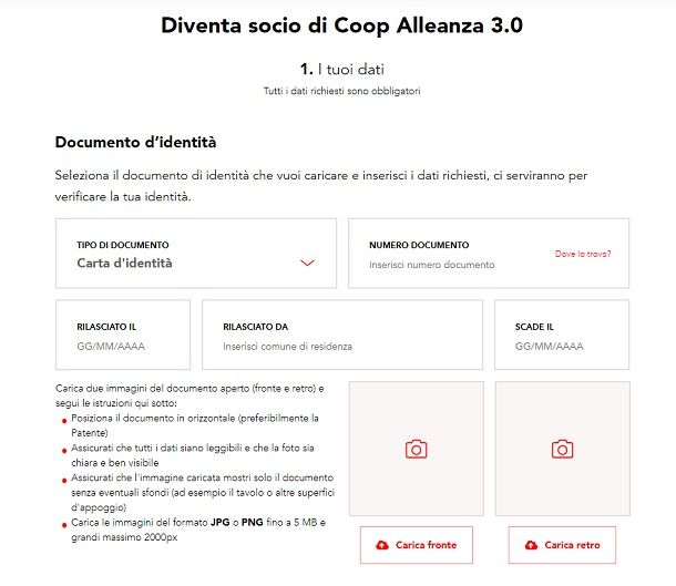 inserimento dati sul sito coop