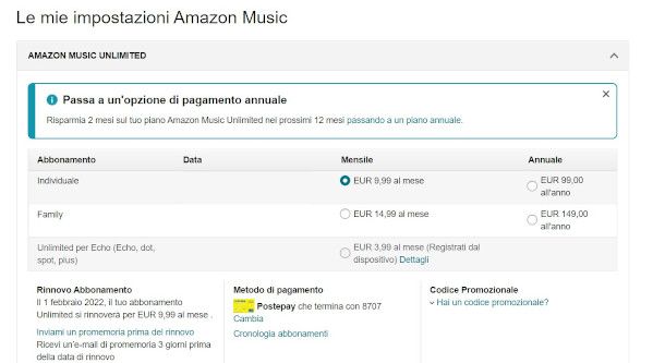 impostazioni di pagamento amazon music PC