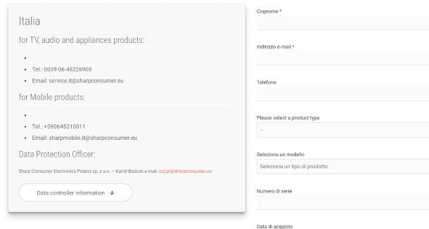 pagina assistenza Sharp consumer