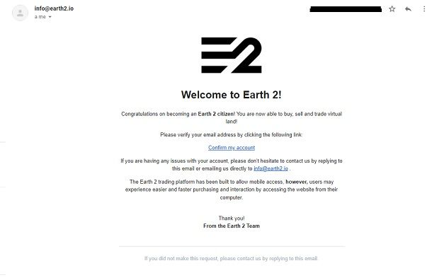 e-mail di conferma earth 2