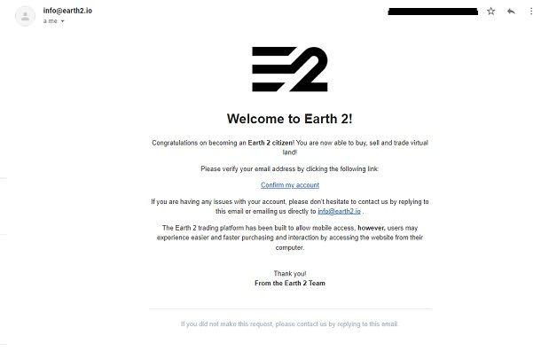 e-mail di conferma earth 2