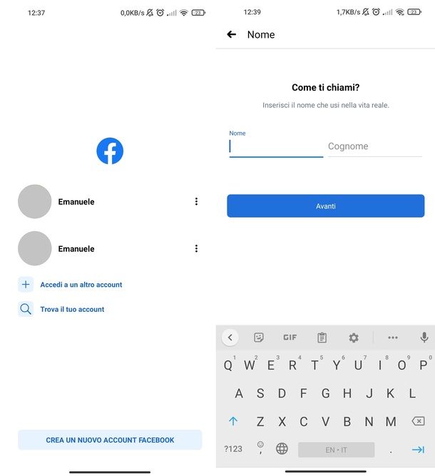 Facebook app Android iscrizione
