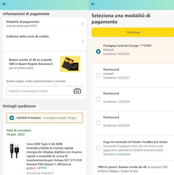 modifica impostazioni pagamento ordine amazon shopping