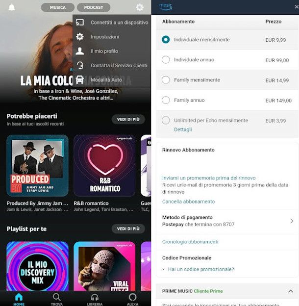 modifica impostazioni di pagamento amazon music unlimited da app