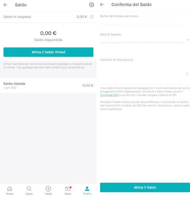 attivazione saldo Vinted