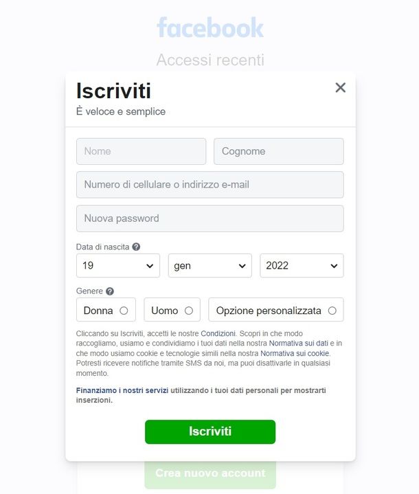 Facebook sito iscrizione