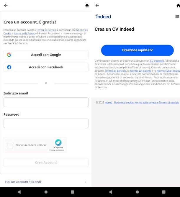 app Indeed creazione account e CV
