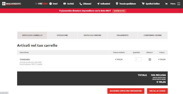 carrello spedizione online sito MBE