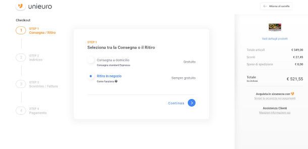selezione modalità ritiro in negozio sito unieuro