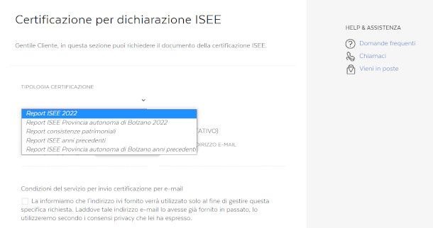 selezione tipologia di documento per ISEE