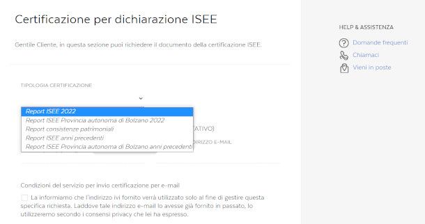 selezione tipologia di documento per ISEE