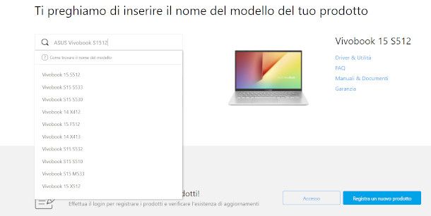 selezione modello pagina assistenza ASUS