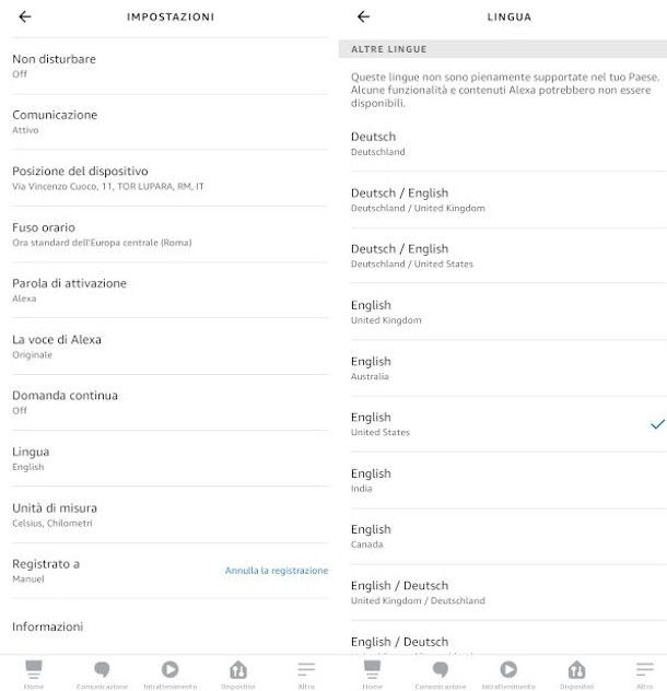 modifica lingua assistente vocale Alexa da app