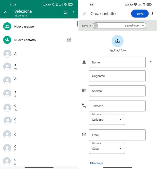 Aggiungere contatto WhatsApp Android