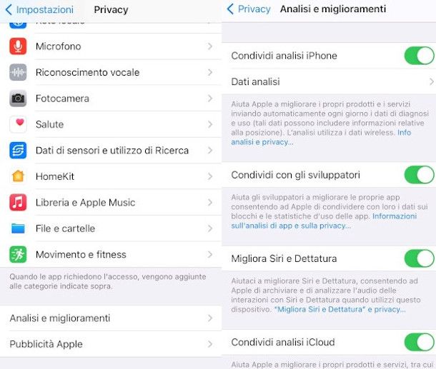 iphone impostazioni analisi e miglioramenti