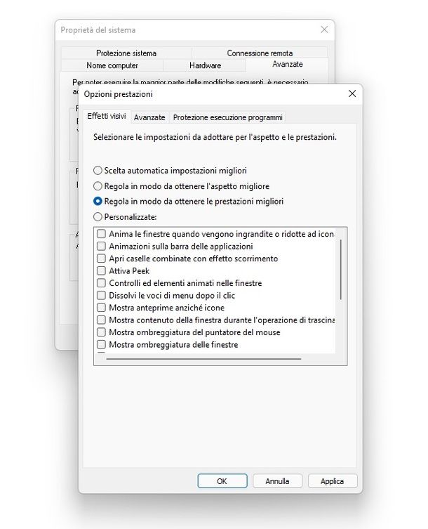 Disattivare effetti grafici Windows 11