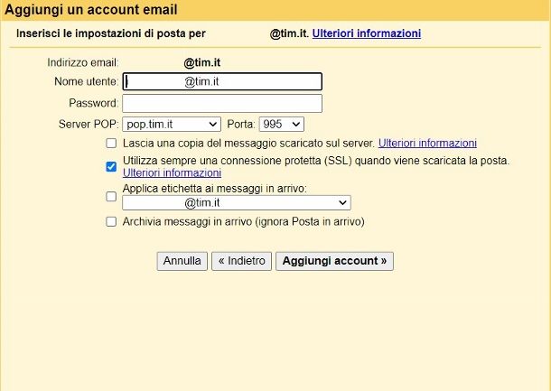 Importazione account posta su Gmail POP3