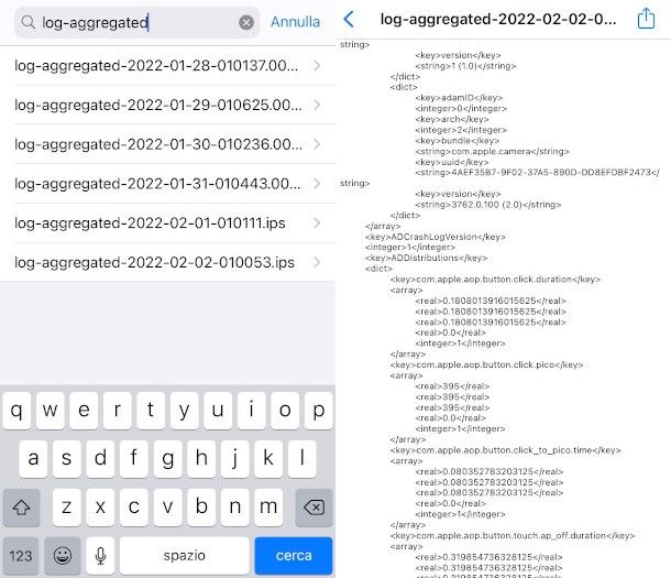 ricerca ed esportazione file log aggregated iPhone