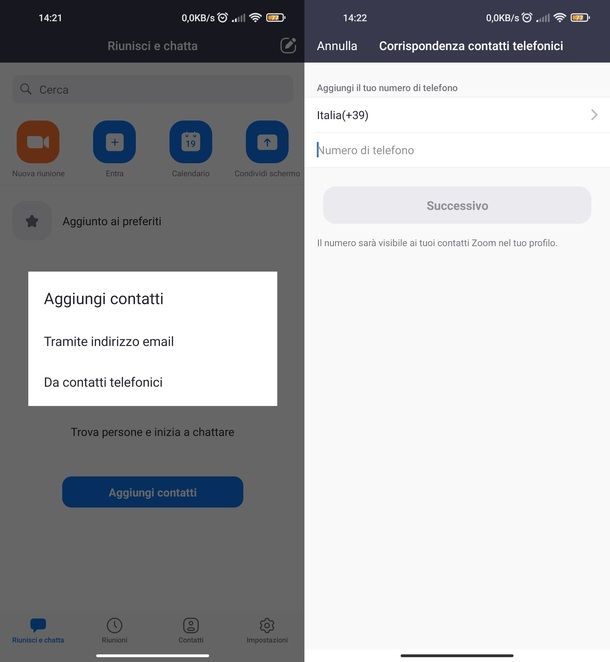 Aggiungere contatti Zoom app Android