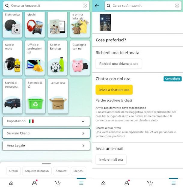 servizio clienti app Amazon Shopping