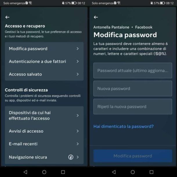 Come cambiare password Facebook da cellulare