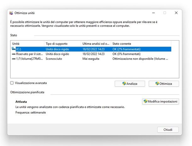 Ottimizzazione unità Windows 11