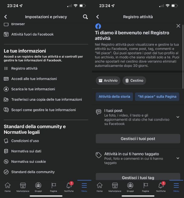 Registro attività Facebook