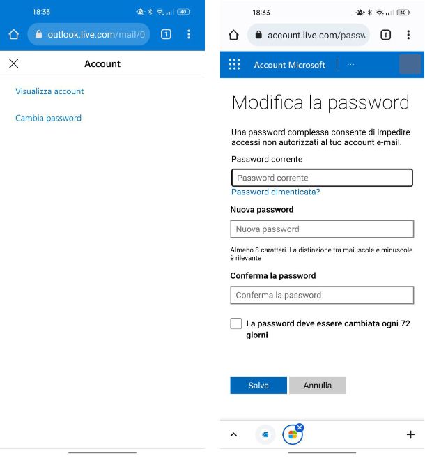 Come cambiare password Outlook da cellulare