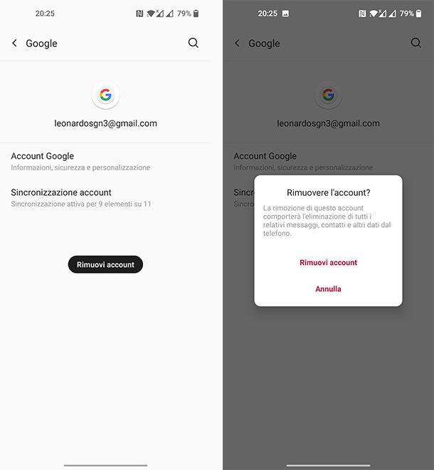 rimozione account google