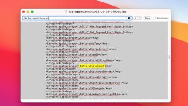 stringa batterycyclecount su file log-aggregator iPhone