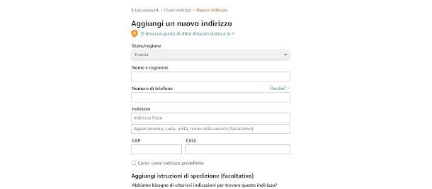 aggiunta indirizzo estero sito Amazon