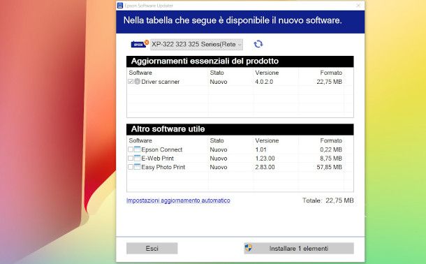 interfaccia utility epson software updater