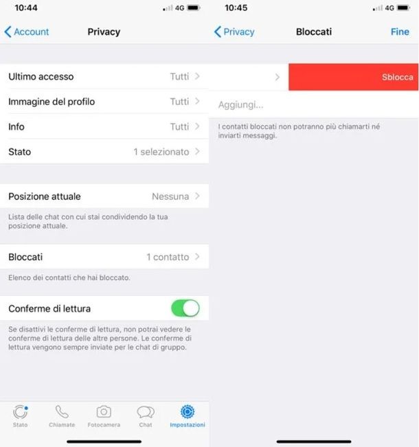 Numeri bloccati WhatsApp app iPhone