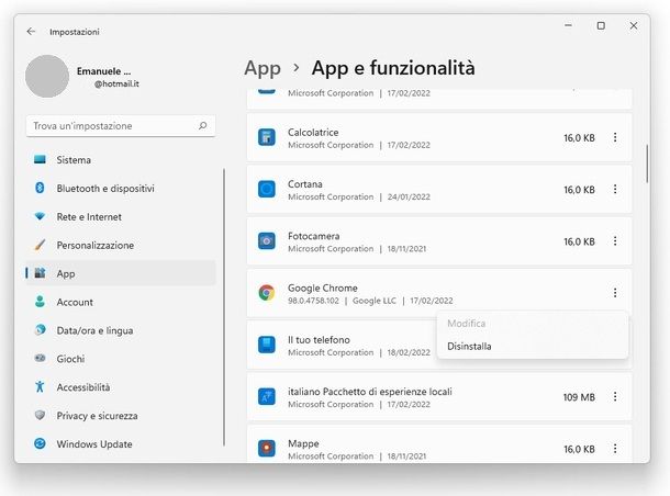 Disinstallazione programmi Windows 11