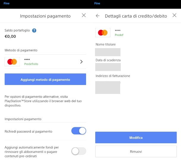 Togliere carta di credito PS4 da app