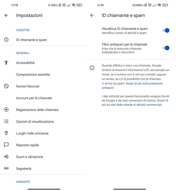 Filtro antispam Telefono Google app