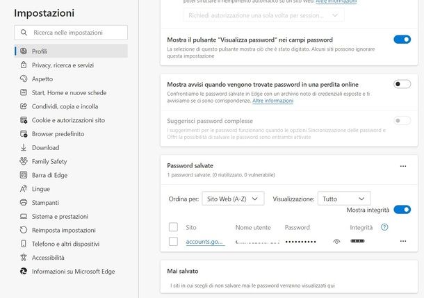 Visualizzare password Edge computer