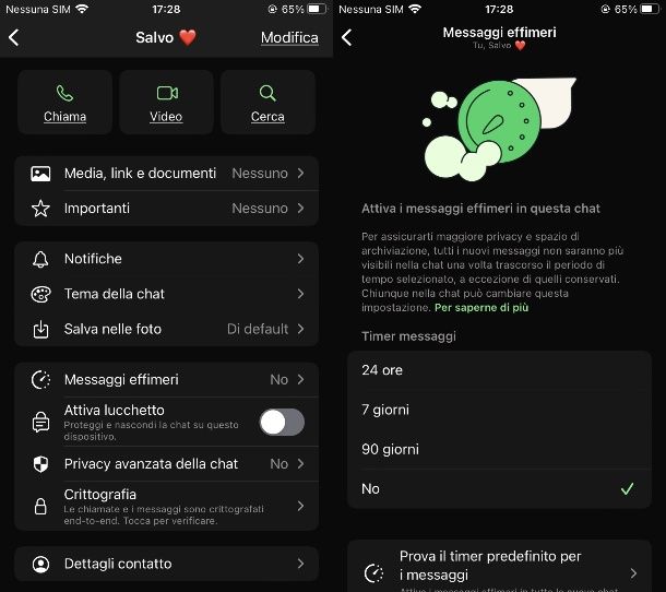 Disattivazione dei messaggi effimeri
