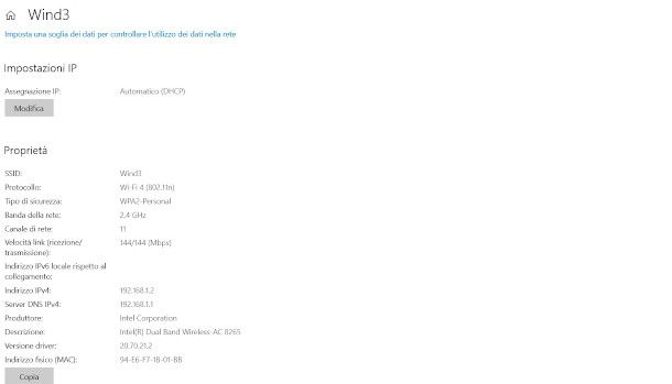 schermata proprietà connessione Wi-Fi