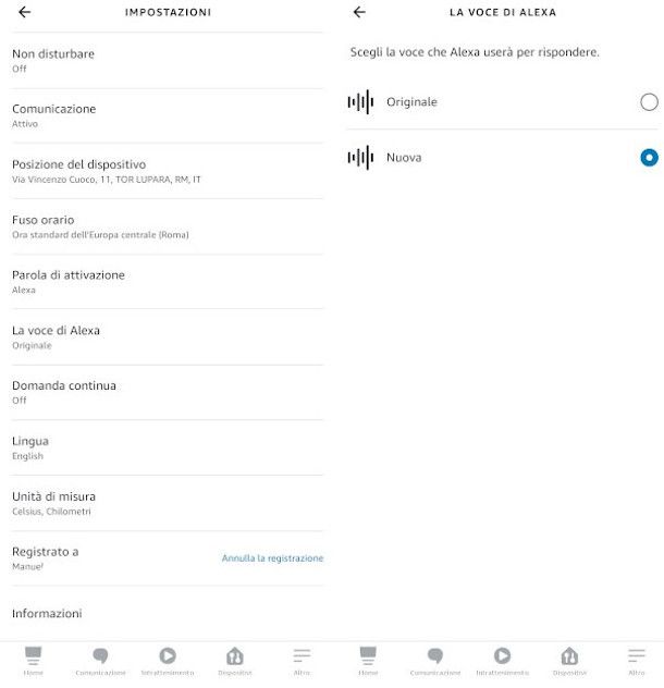 funzione cambio voce app Alexa